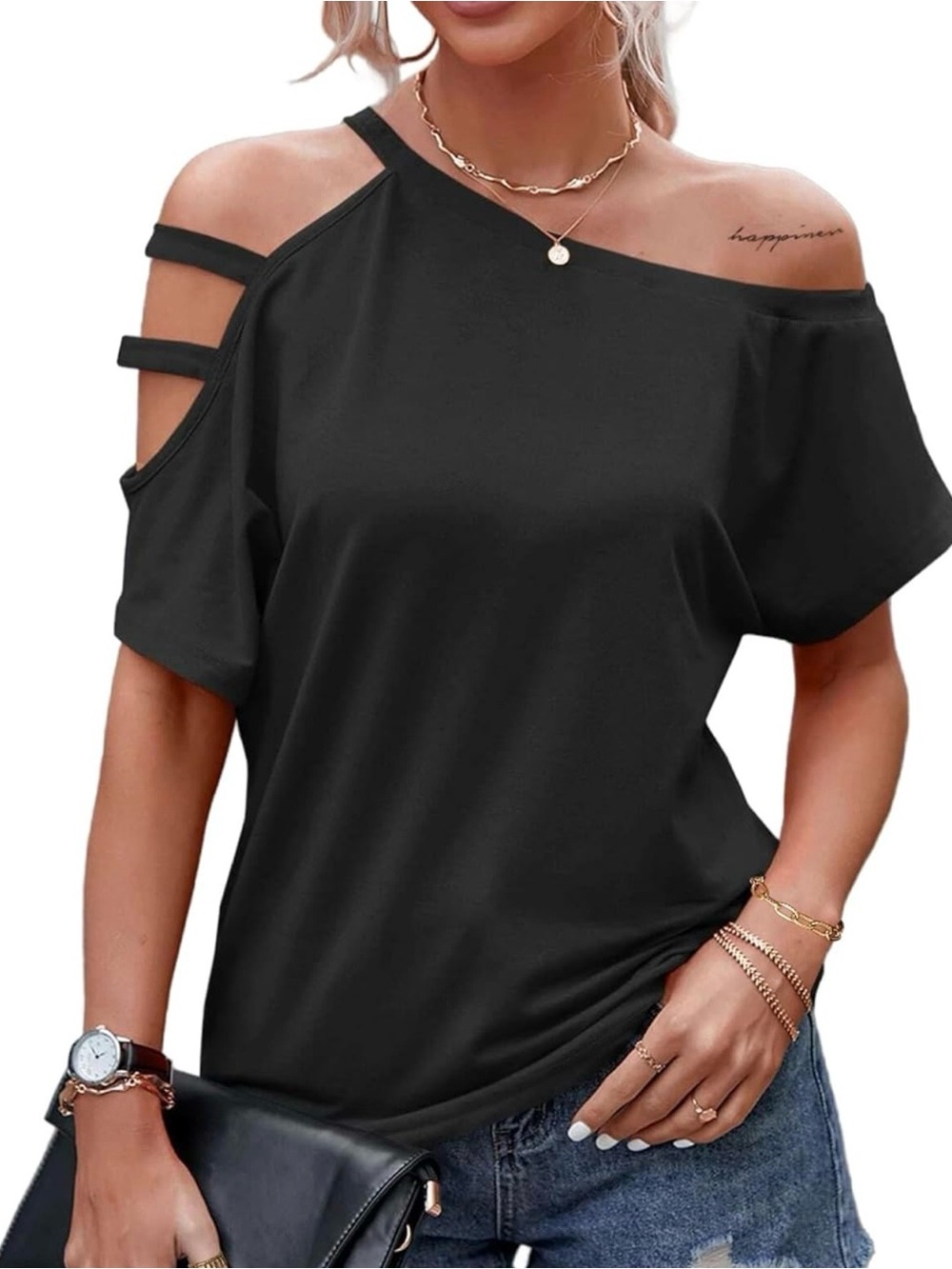 Cold Shoulder Black Women's Top - Stylish Cutout Tee Size Large